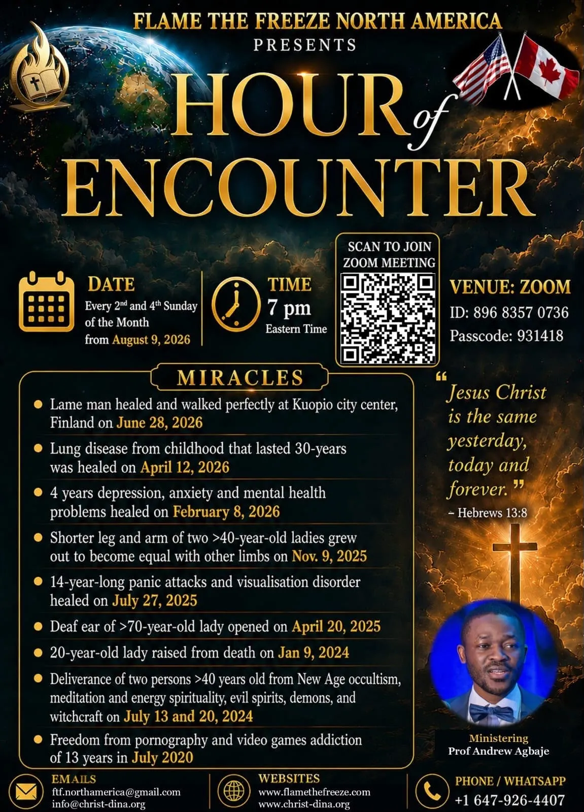 Hour of Encounter flyer for the recurring Flame the Freeze North America Zoom event